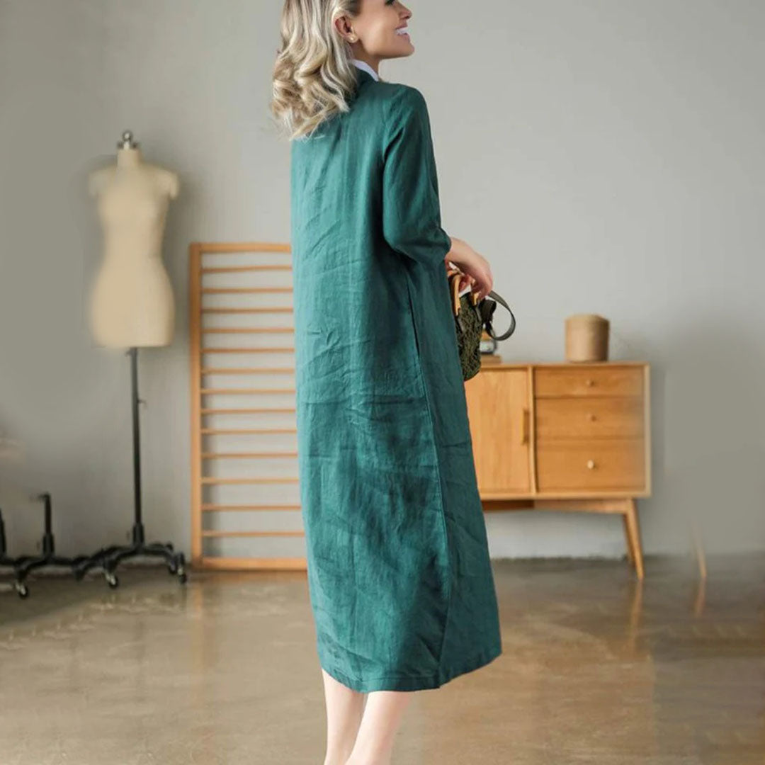Cotton Blend Pintuck Midi Dress – Relaxed Fit with V-Neck and 3/4 Sleeves