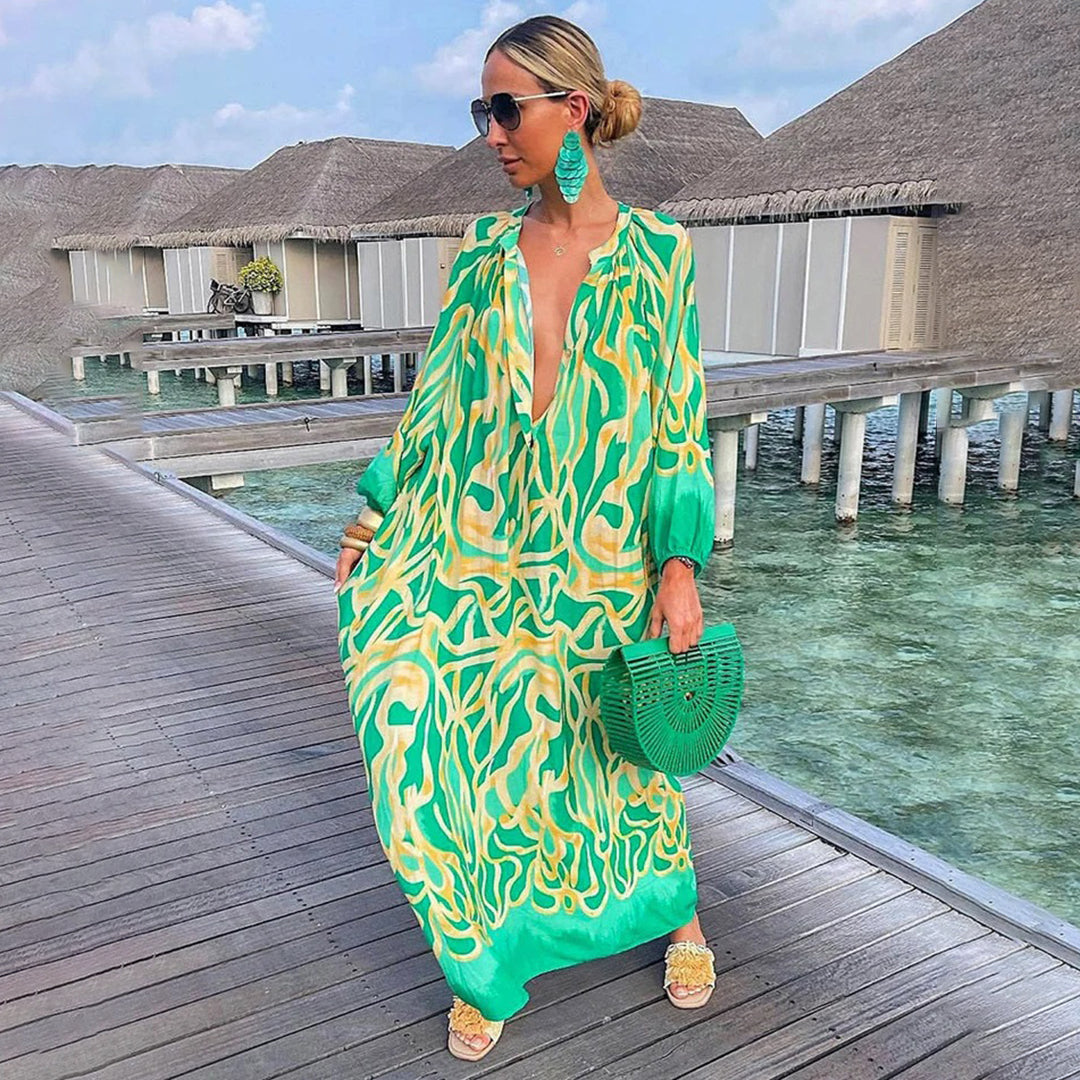 Women's Abstract Print V-Neck Maxi Kaftan Dress