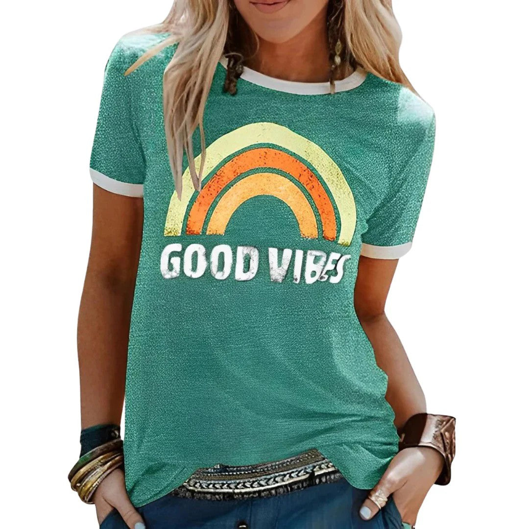 Womens T-Shirt – Retro Rainbow Graphic, Relaxed Fit Summer Top
