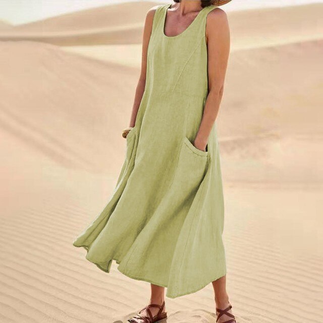 Sleeveless Relaxed Linen Blend Maxi Dress with Pockets – Casual Summer Comfort