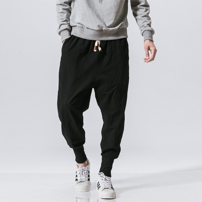 Men's Linen Trousers – Drawstring Waist, Loose Fit Cropped Streetwear