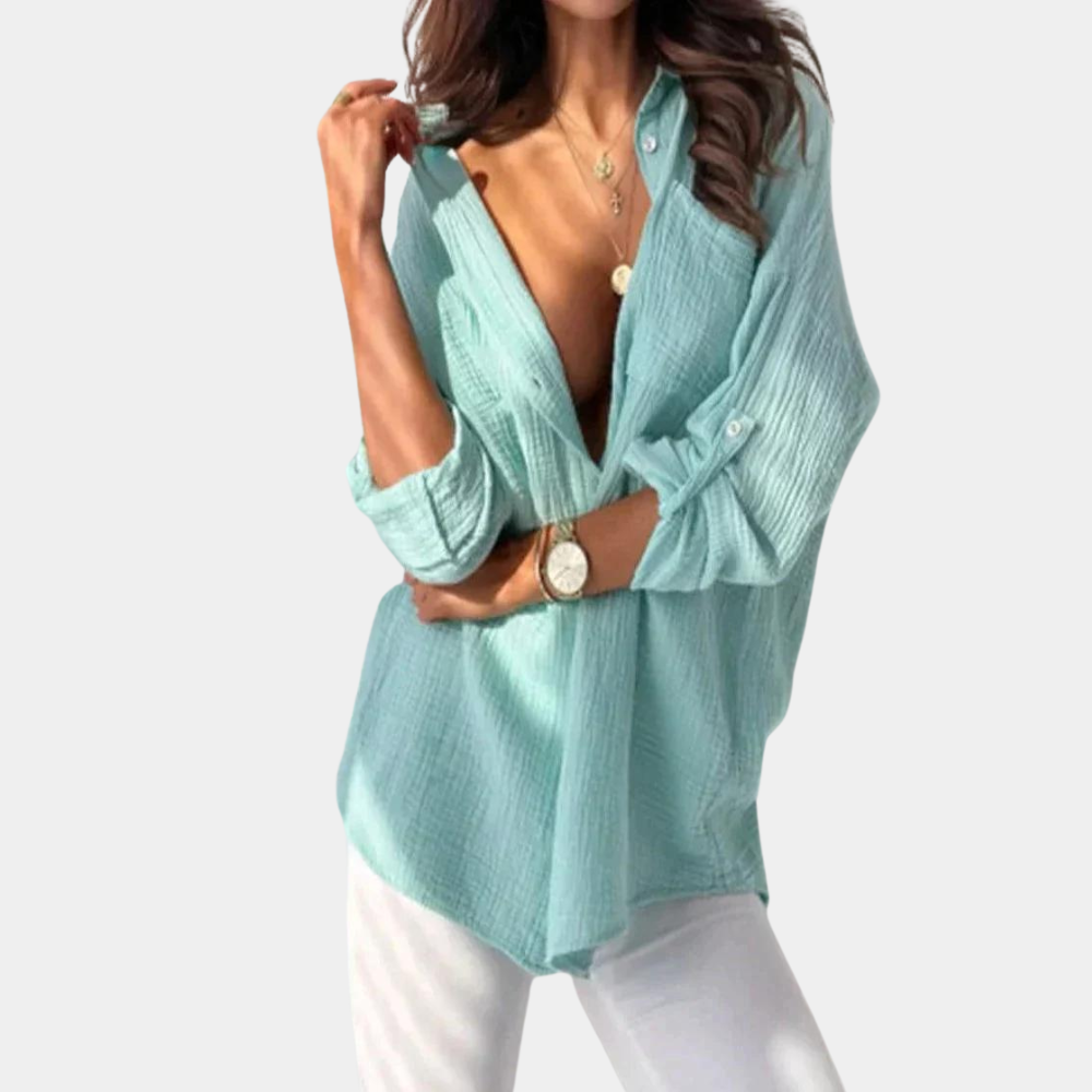 Women's Crinkle Shirt – Button-Down, Oversized Relaxed Fit Casual Blouse