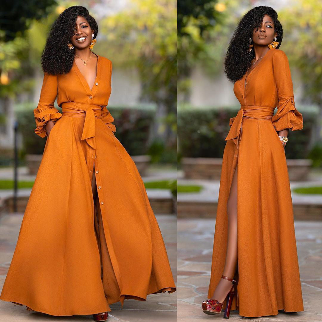 Women's Maxi Dress – Button-Down Tie Waist, Elegant Occasionwear