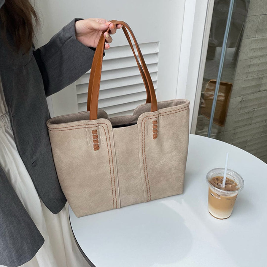 Two-Tone Faux Leather Tote – Spacious Shoulder Bag with Contrast Handles