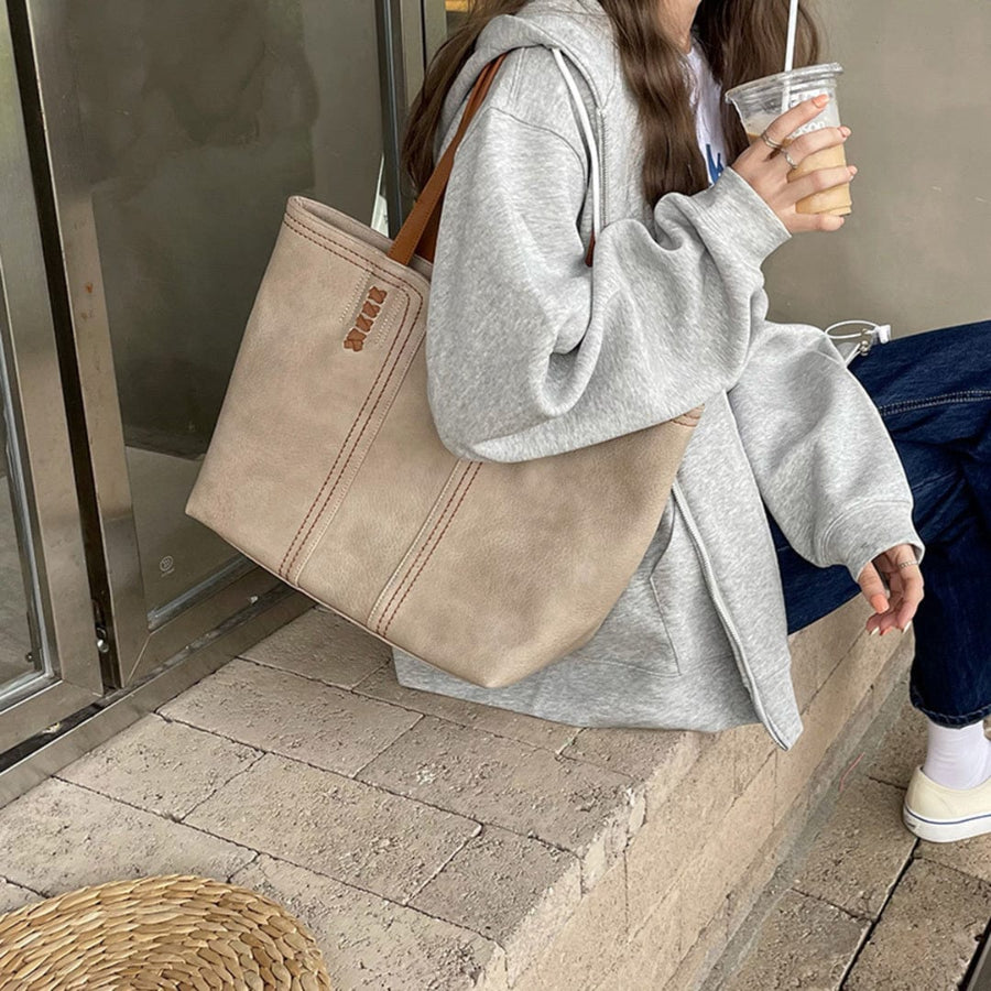 Two-Tone Faux Leather Tote – Spacious Shoulder Bag with Contrast Handles