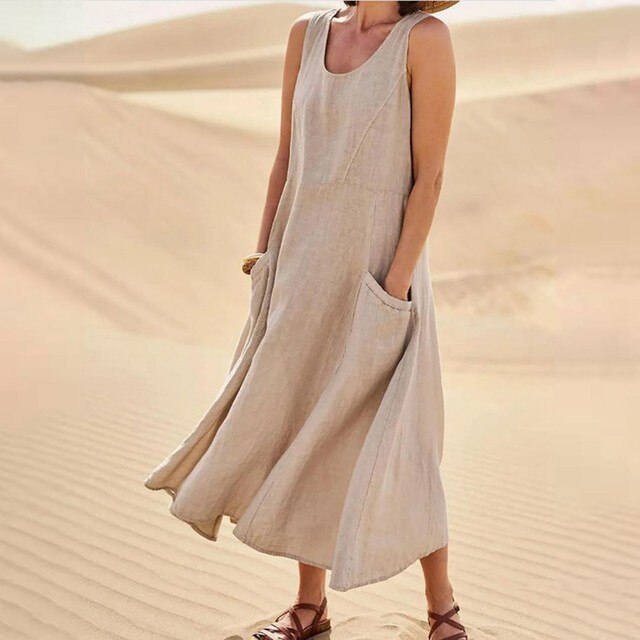 Sleeveless Relaxed Linen Blend Maxi Dress with Pockets – Casual Summer Comfort