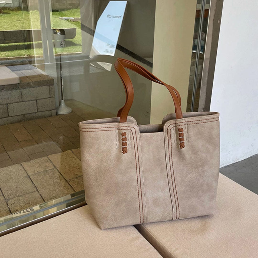 Two-Tone Faux Leather Tote – Spacious Shoulder Bag with Contrast Handles