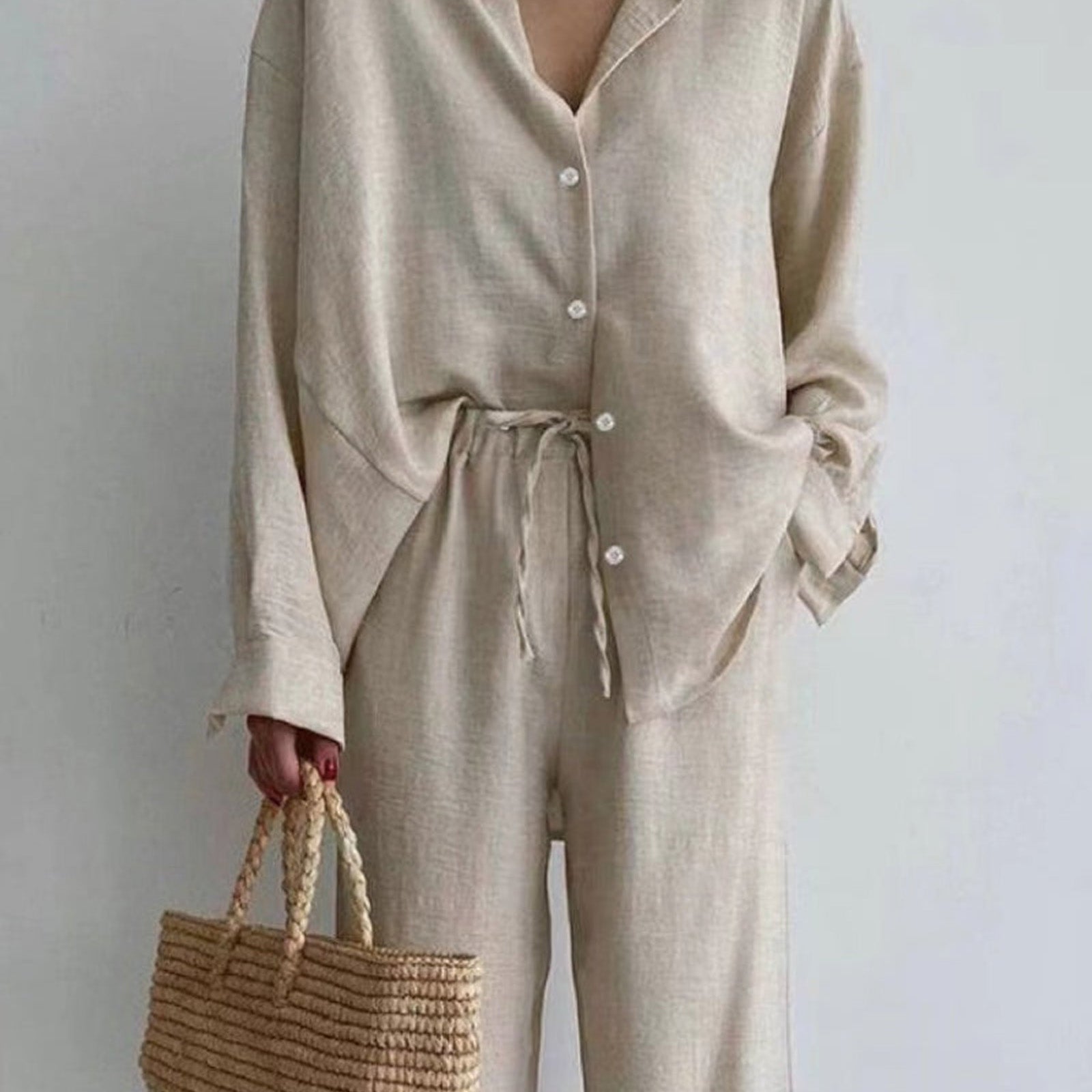 Relaxed Linen Two-Piece Set – Button Down Shirt & High-Waist Trousers