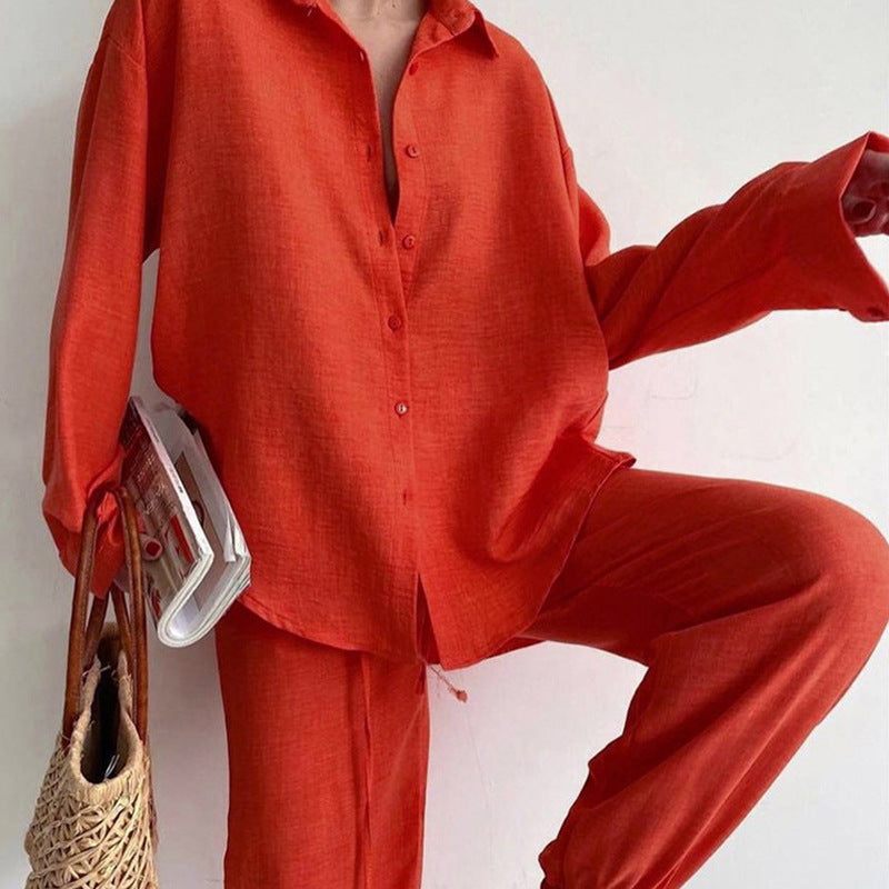 Relaxed Linen Two-Piece Set – Button Down Shirt & High-Waist Trousers