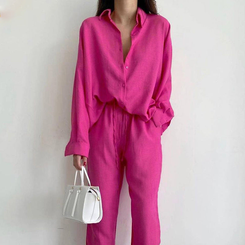Relaxed Linen Two-Piece Set – Button Down Shirt & High-Waist Trousers