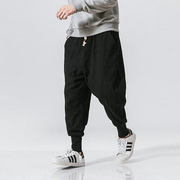 Men's Linen Trousers – Drawstring Waist, Loose Fit Cropped Streetwear