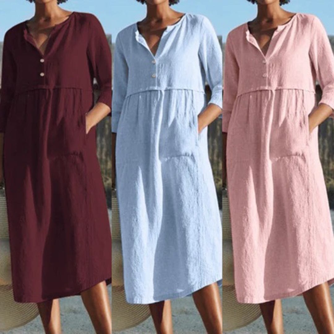 Relaxed Cotton V-Neck Midi Dress with Pockets – Casual Everyday Style
