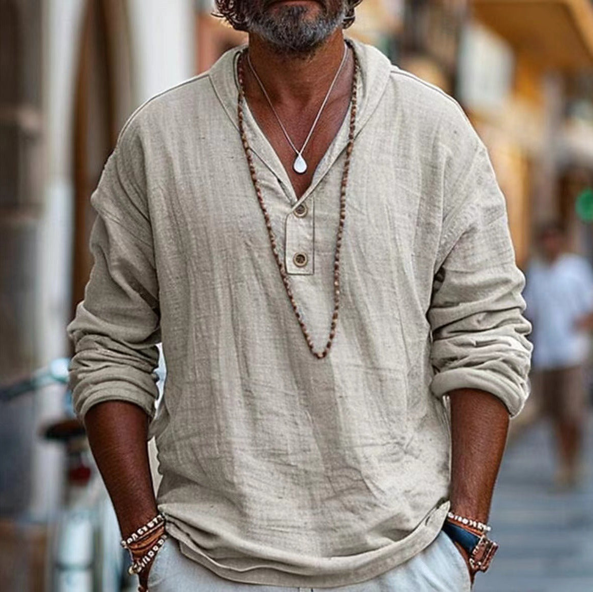 Men's Hooded Henley Shirt – Cotton Linen Blend, Relaxed Fit Casual Holiday Top