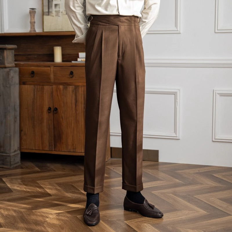 Men's Tailored Trousers – Double Pleated, High-Waist Smart Formal Wear