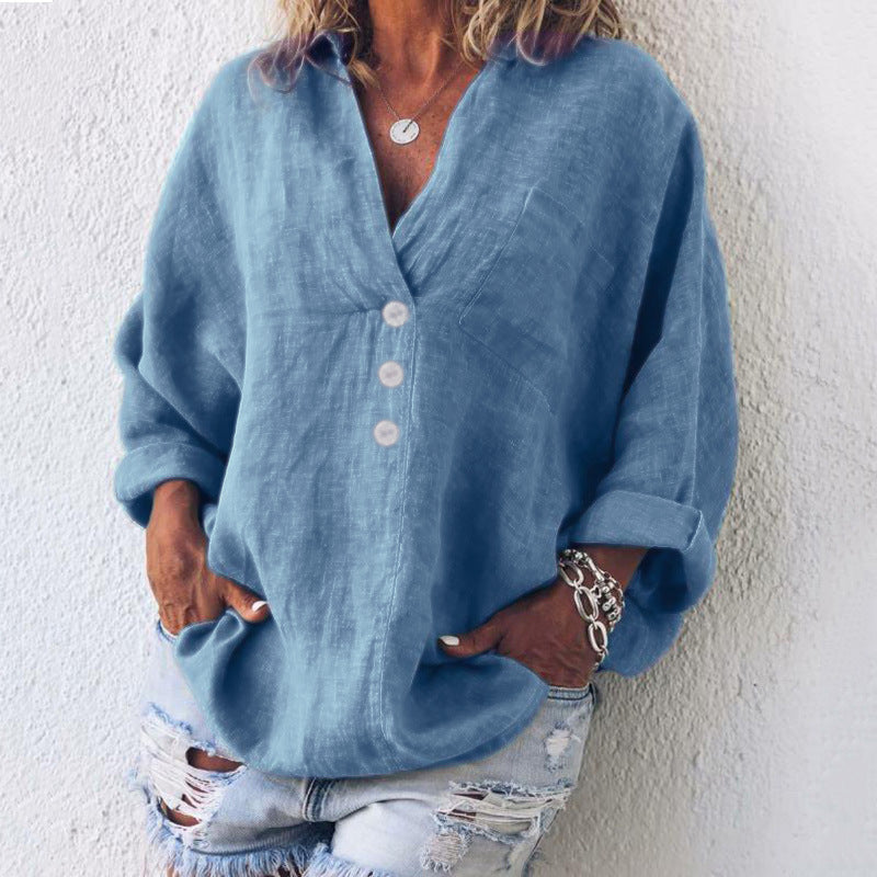 Casual Linen V-Neck Blouse – Oversized Button Front Long Sleeve Top