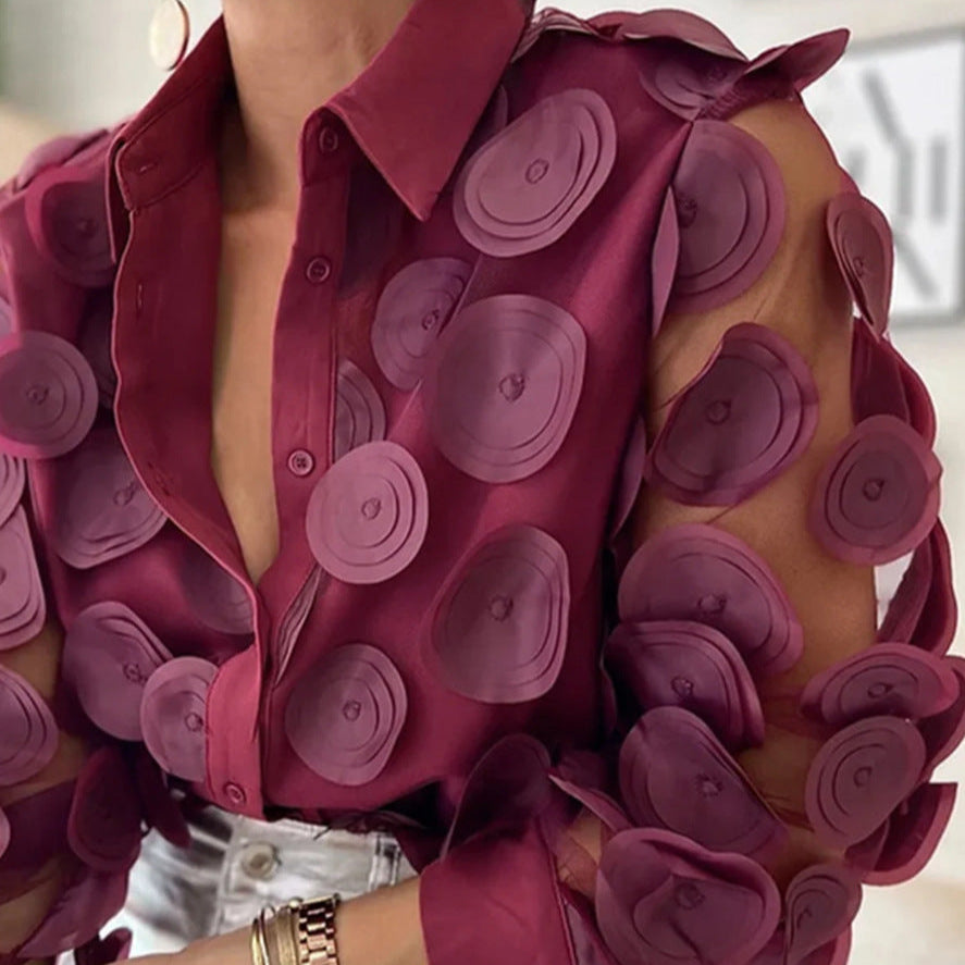 Women's Sheer Button-Up Blouse – Textured Disc Detail, Relaxed Fit Partywear