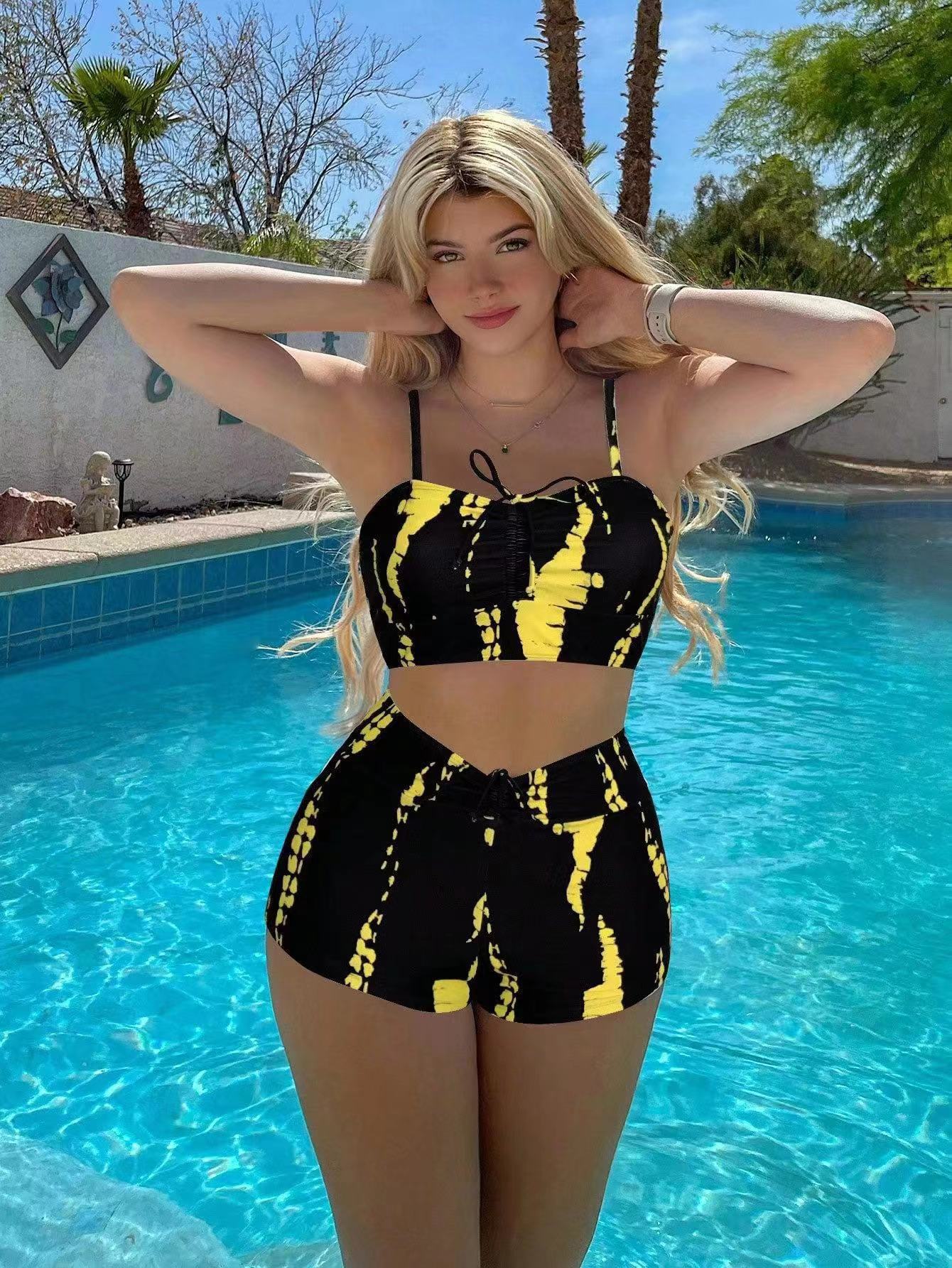 Ruched High Waist Two-Piece Swimsuit with Tie-Dye Print