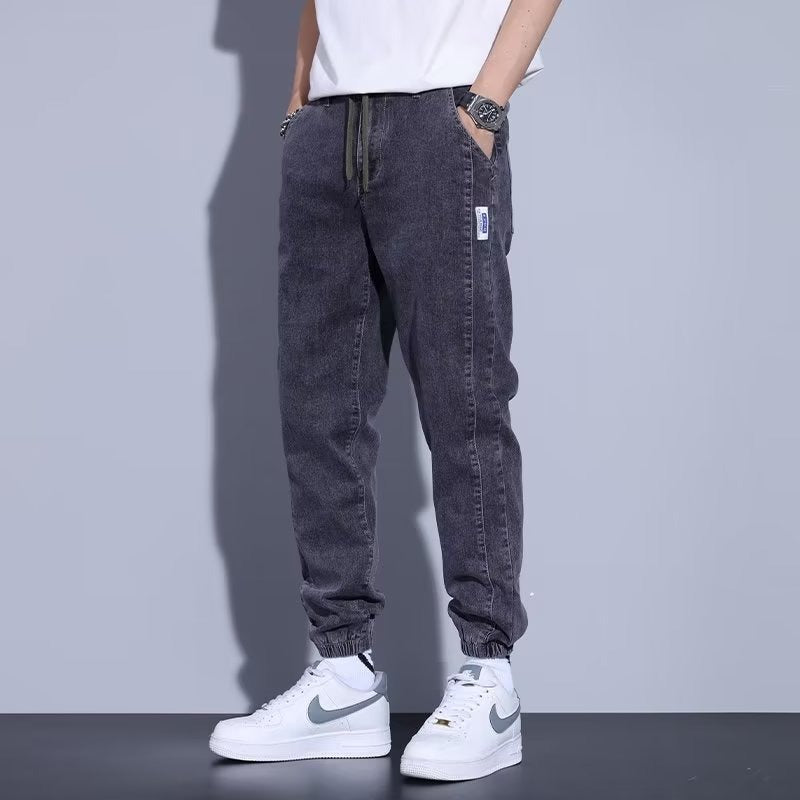 Men's Cuffed Denim Jeans – Drawstring Waist, Relaxed Fit Streetwear Joggers