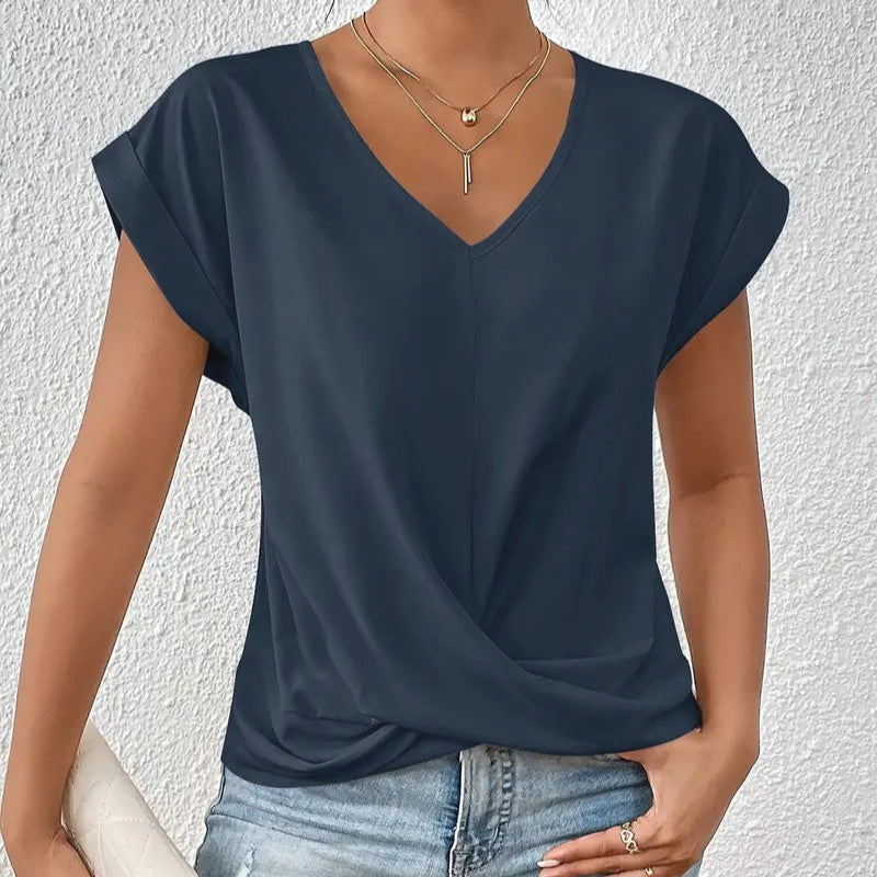 Women's V-Neck Blouse – Draped Front Detail, Relaxed Fit Office to Weekend