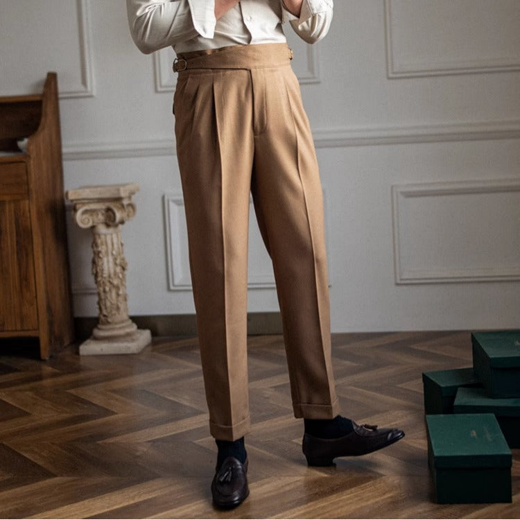 Men's Tailored Trousers – Double Pleated, High-Waist Smart Formal Wear