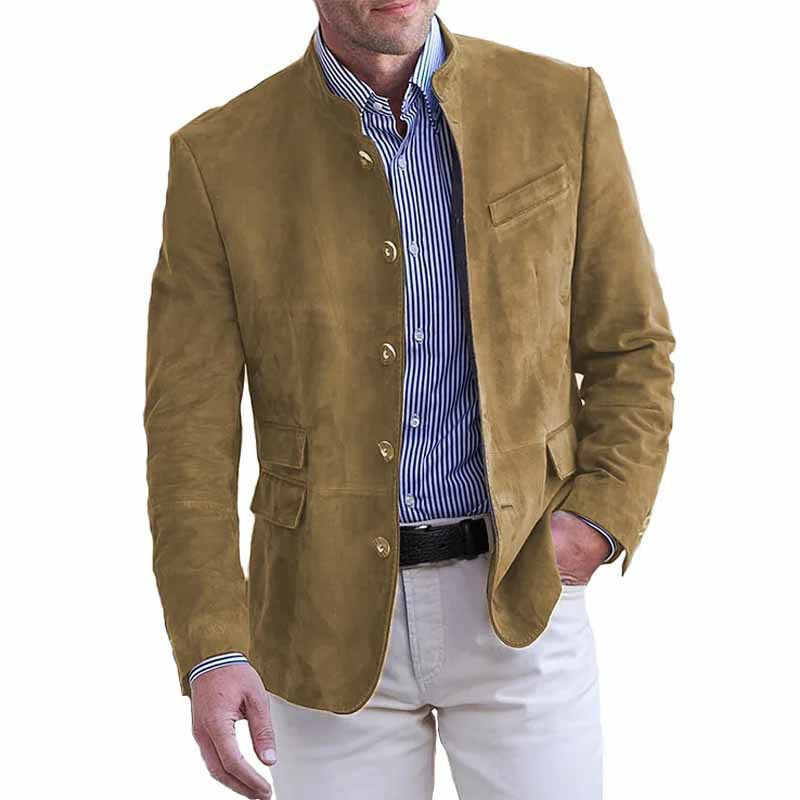 Men's Suede Blazer – Mandarin Collar, Slim Fit Smart Casual Jacket