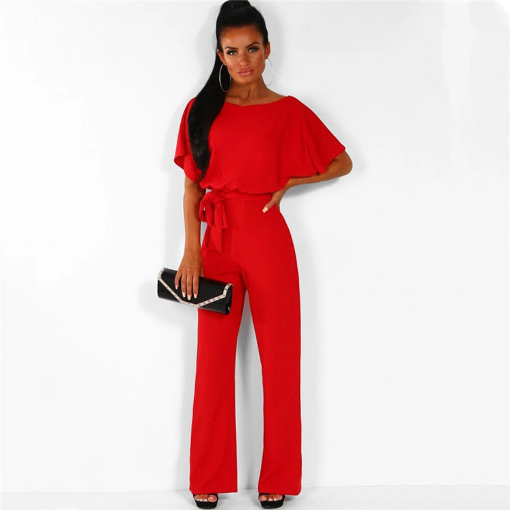 Elegant Belted Jumpsuit – Short Sleeve One-Piece for Work & Events