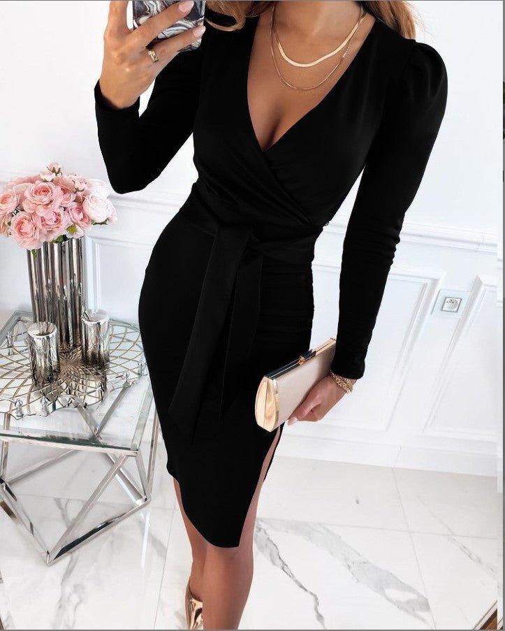 Women's Wrap Dress – Long Sleeve V-Neck, Elegant Going Out Dress