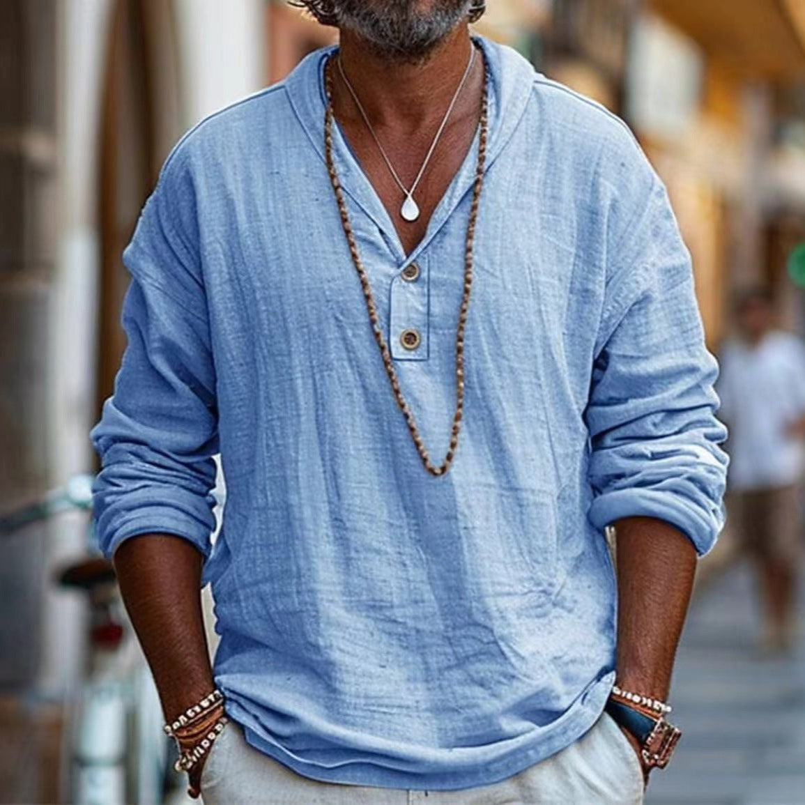 Men's Hooded Henley Shirt – Cotton Linen Blend, Relaxed Fit Casual Holiday Top