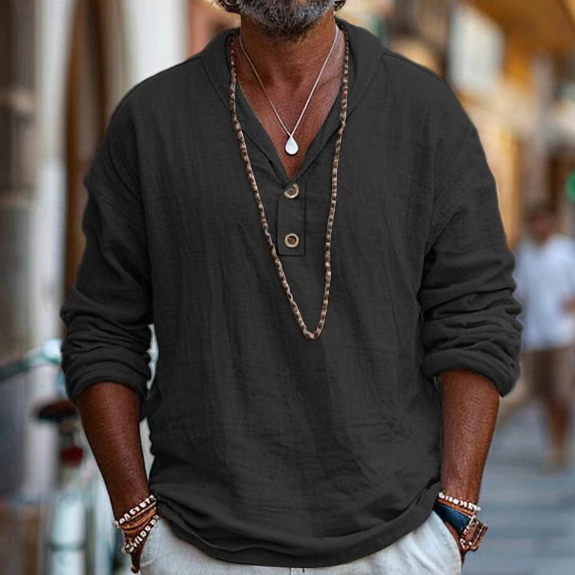 Men's Hooded Henley Shirt – Cotton Linen Blend, Relaxed Fit Casual Holiday Top