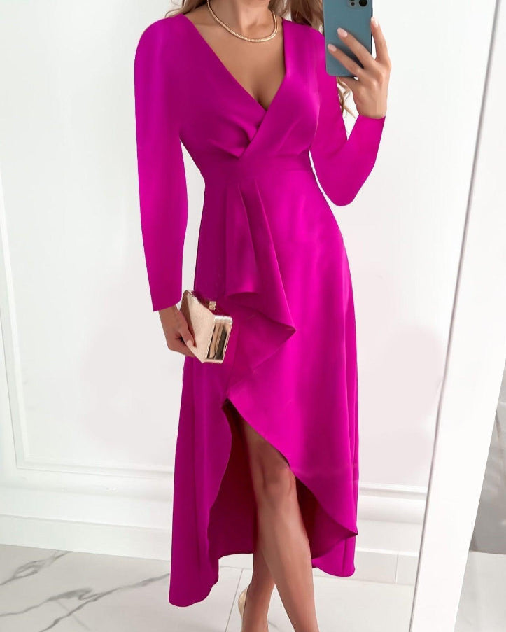 Women's Wrap Dress – Long Sleeve V-Neck, Elegant Going Out Dress