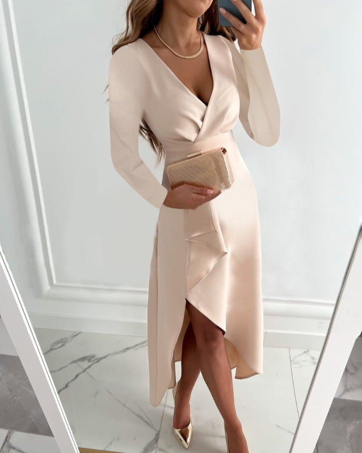 Women's Wrap Dress – Long Sleeve V-Neck, Elegant Going Out Dress