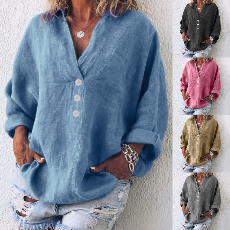 Casual Linen V-Neck Blouse – Oversized Button Front Long Sleeve Top