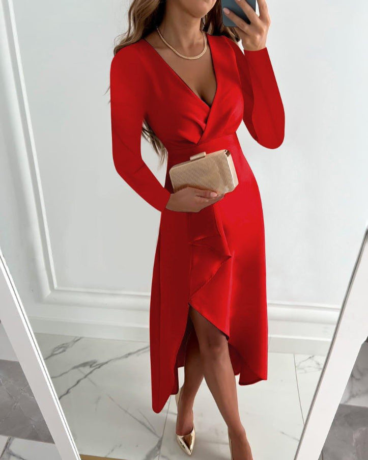 Women's Wrap Dress – Long Sleeve V-Neck, Elegant Going Out Dress