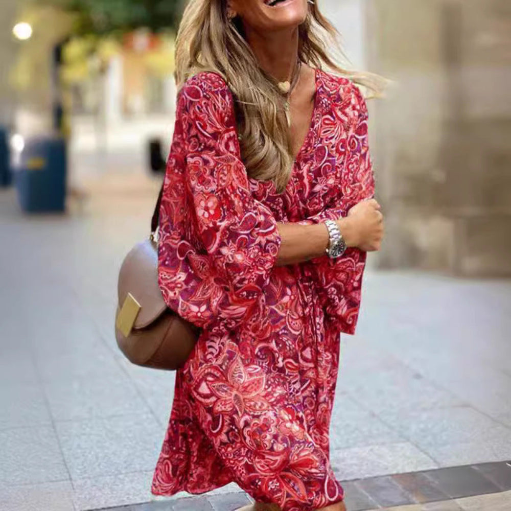 Boho Floral Print Long Sleeve Mini Dress – Casual & Vacation Ready