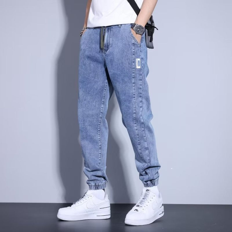Men's Cuffed Denim Jeans – Drawstring Waist, Relaxed Fit Streetwear Joggers