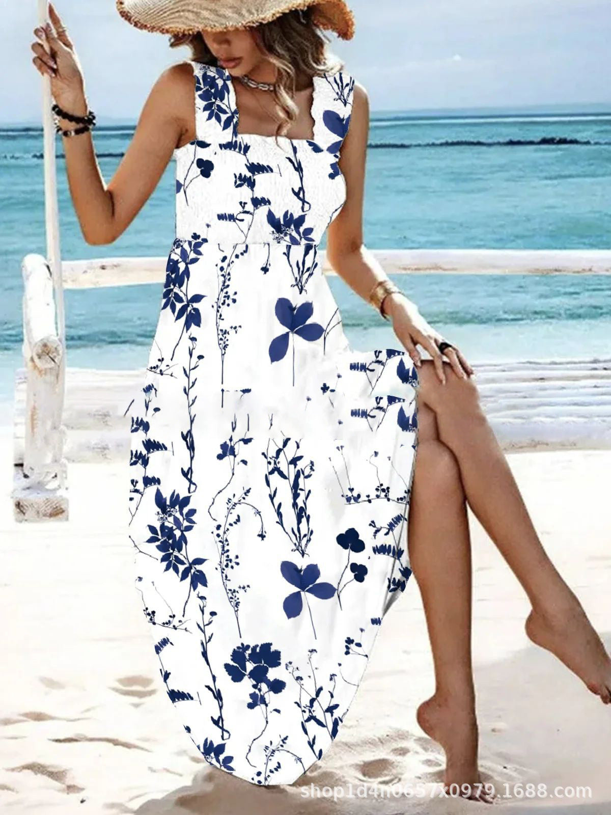 Boho Embroidered Smocked Maxi Dress – Strapless Beach Style with Side Slit