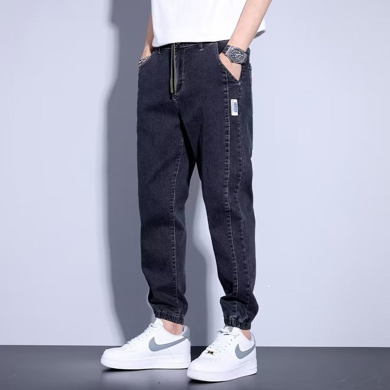 Men's Cuffed Denim Jeans – Drawstring Waist, Relaxed Fit Streetwear Joggers