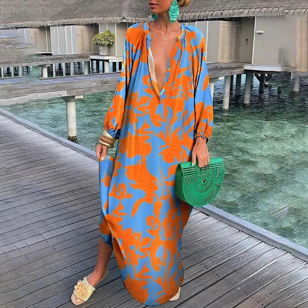 Women's Abstract Print V-Neck Maxi Kaftan Dress