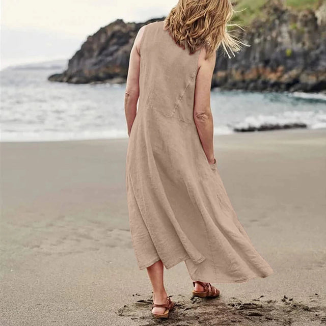 Sleeveless Relaxed Linen Blend Maxi Dress with Pockets – Casual Summer Comfort