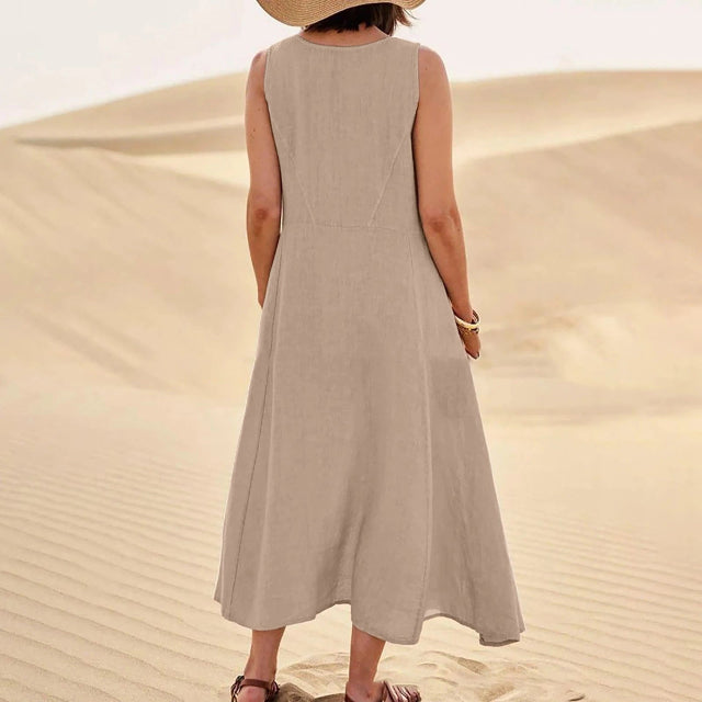Sleeveless Relaxed Linen Blend Maxi Dress with Pockets – Casual Summer Comfort