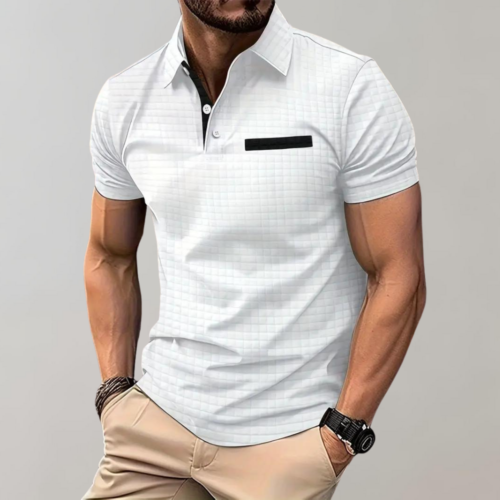 Men's Polo Shirt – Textured Check, Slim Fit Smart Casual Top