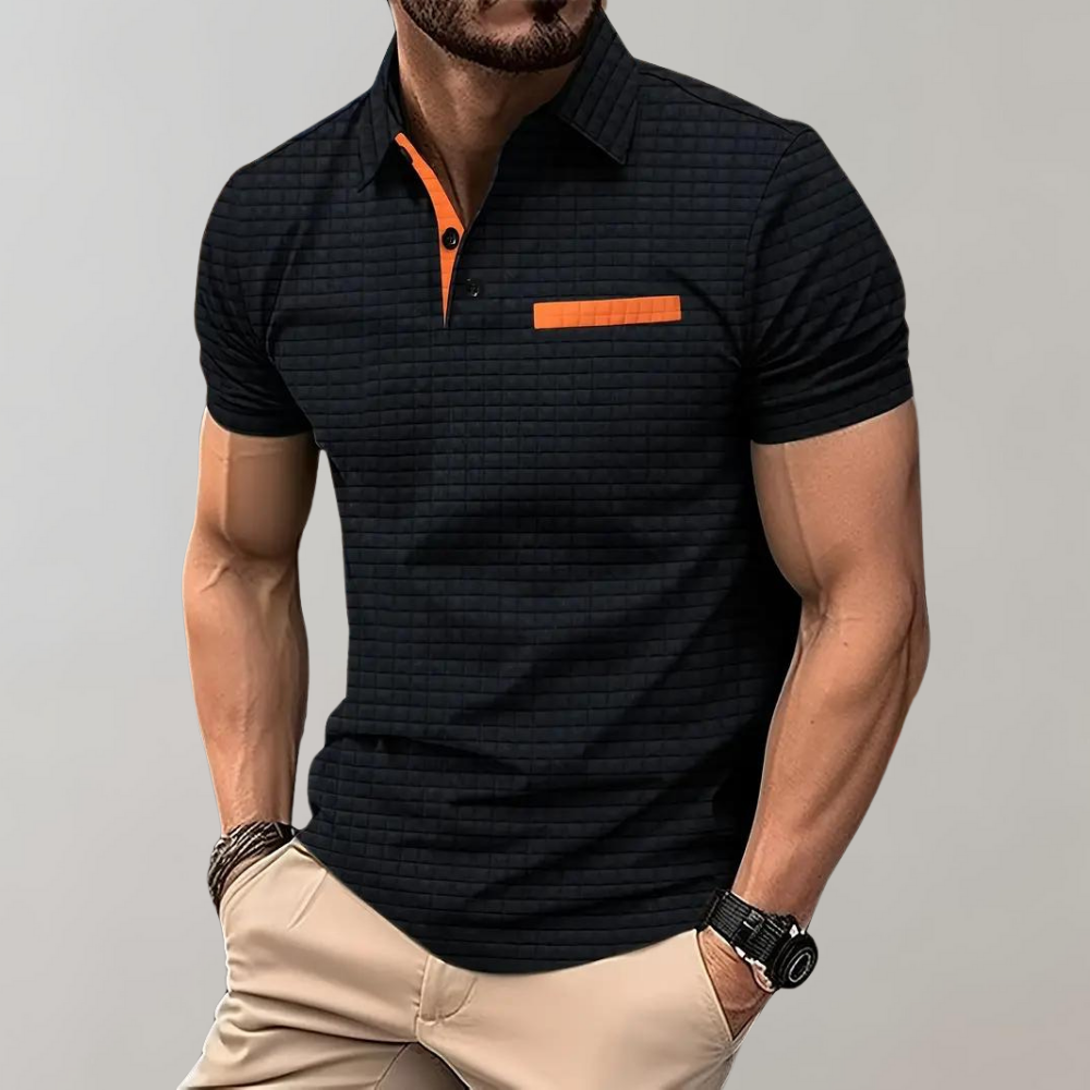 Men's Polo Shirt – Textured Check, Slim Fit Smart Casual Top