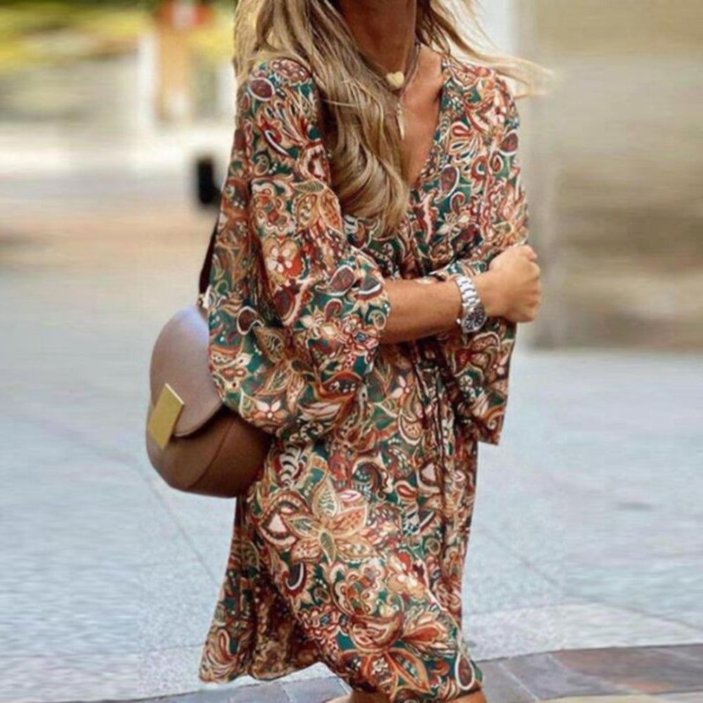 Boho Floral Print Long Sleeve Mini Dress – Casual & Vacation Ready