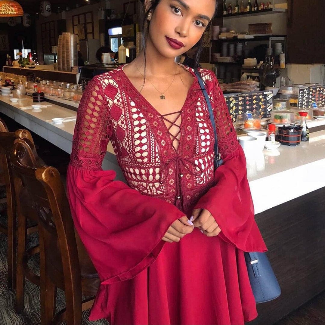 Boho Lace Mini Dress – Long Sleeve V-Neck Party Dress
