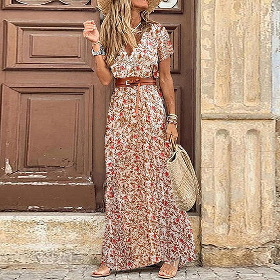 Boho Floral Split Maxi Dress – Vintage V-Neck Summer Dress