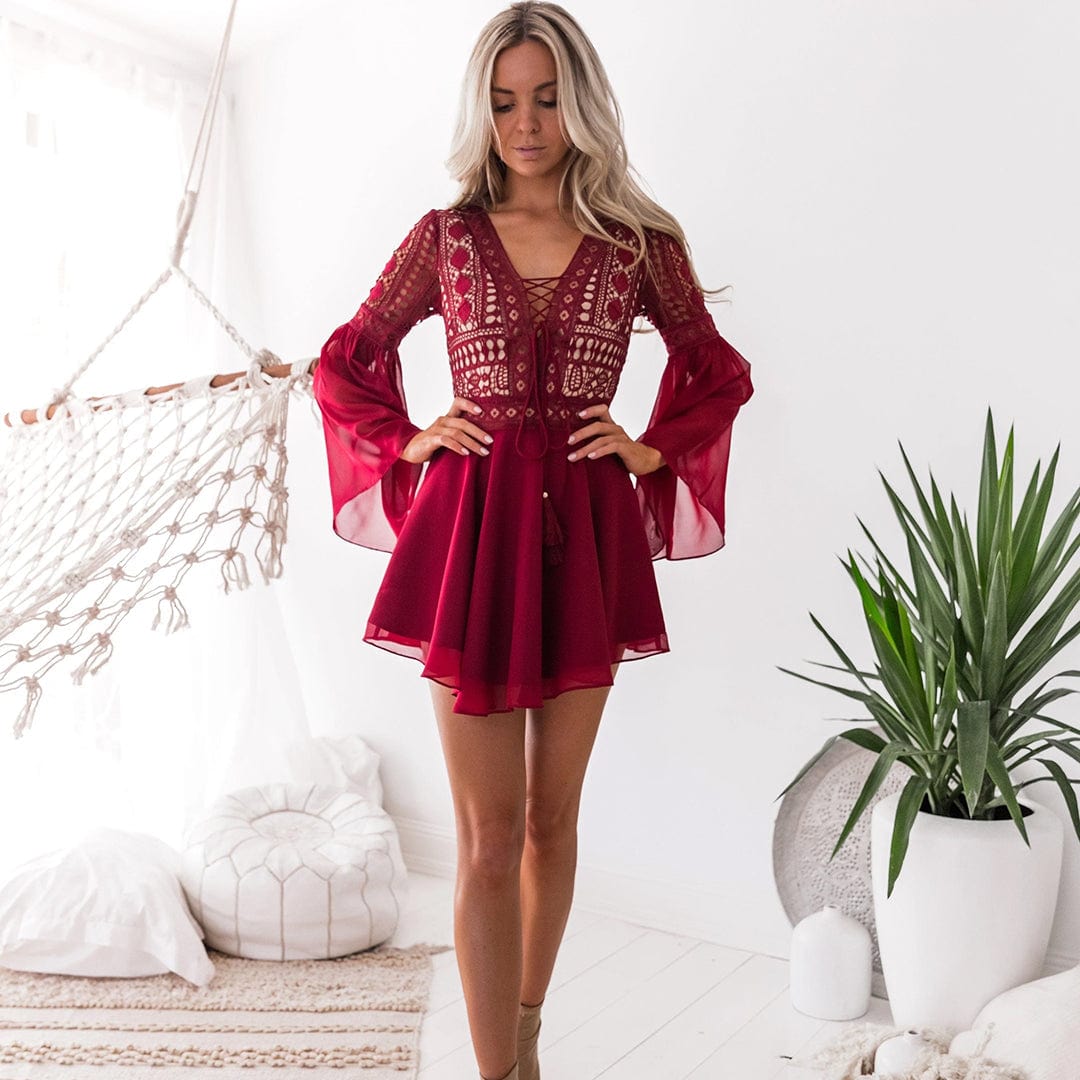 Boho Lace Mini Dress – Long Sleeve V-Neck Party Dress