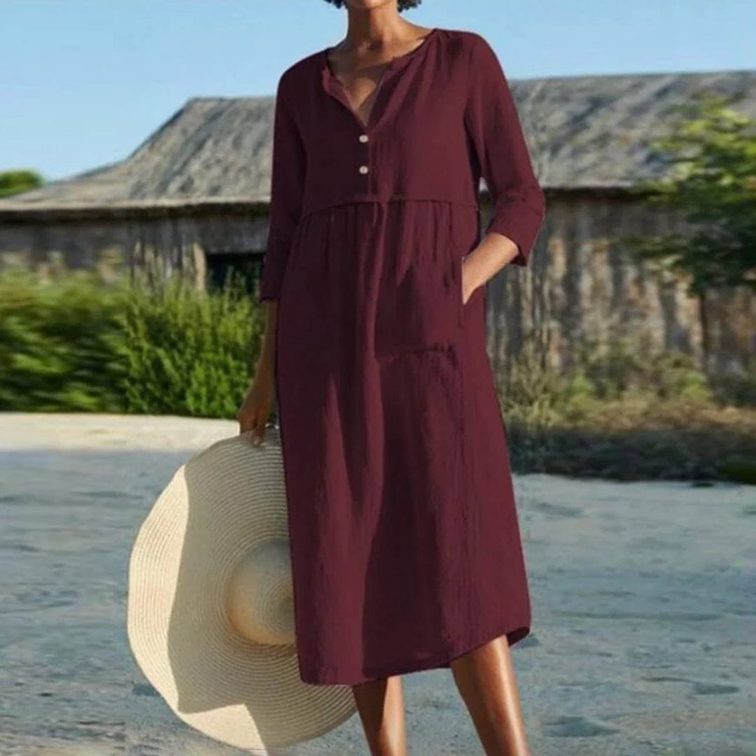 Relaxed Cotton V-Neck Midi Dress with Pockets – Casual Everyday Style