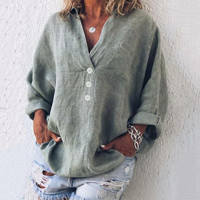 Casual Linen V-Neck Blouse – Oversized Button Front Long Sleeve Top
