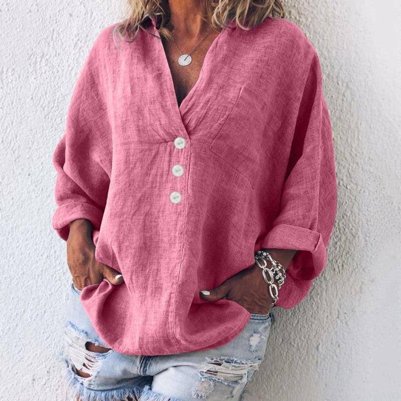 Casual Linen V-Neck Blouse – Oversized Button Front Long Sleeve Top