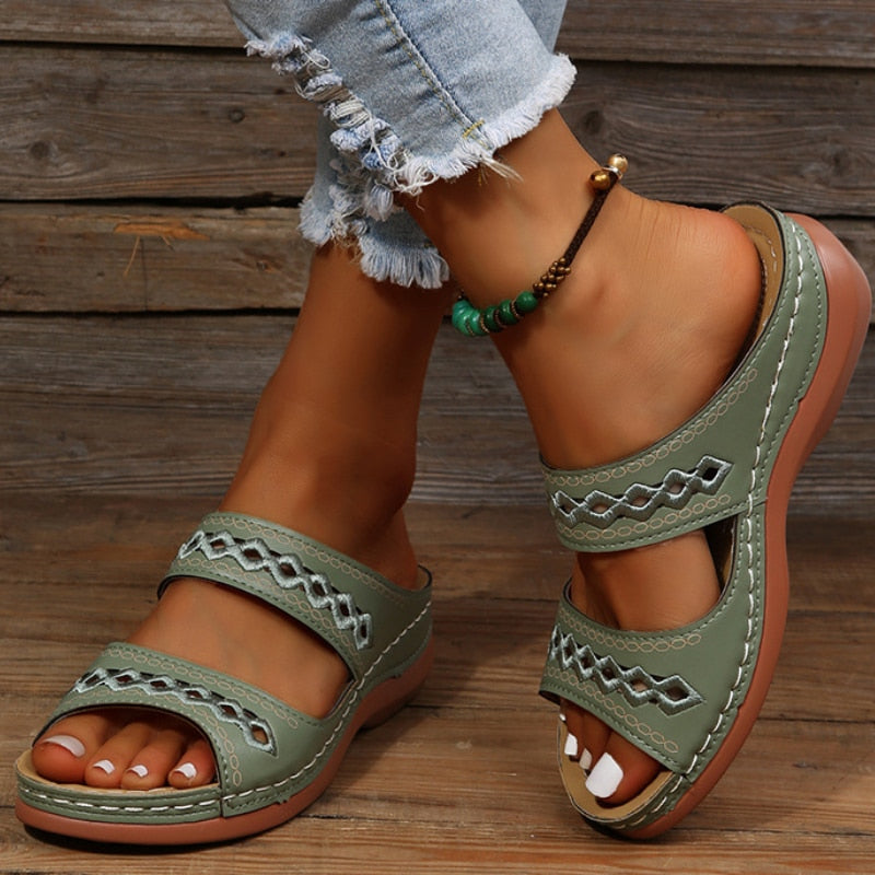 Women's Wedge Sandals – Cut Out Detail, Cushioned Slip-On Summer Mules